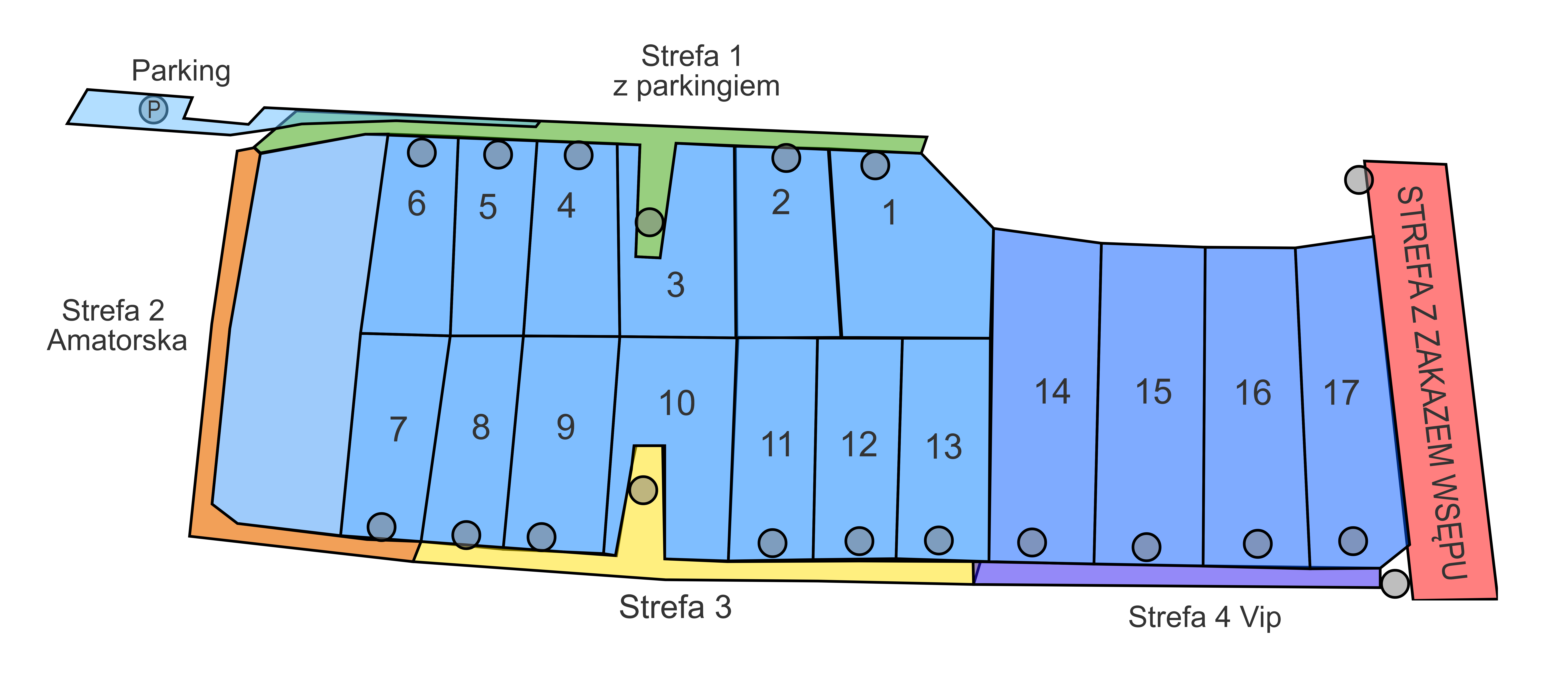 Mapa stanowisk łowiska Zaborce — numery 1–17